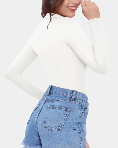 MANGOPOP Fleece Thick Long Sleeve SMALL Mock Turtle Neck Body Suit Tops WHITE - Picture 2 of 6