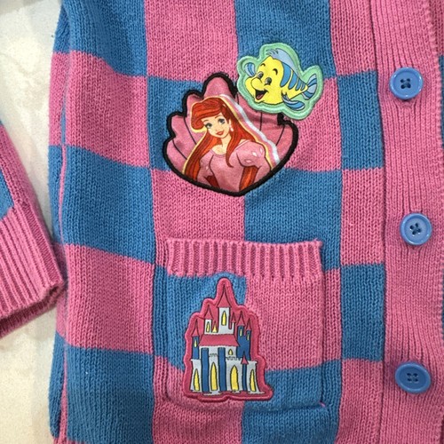 Girls Disney Princess Blue Pink Checkered Sweater Cardigan Size 5/6 Small Ariel - Picture 3 of 11