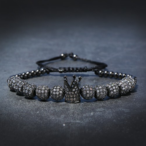 Para hombres Lujo Negro Circonio Circonio Pelota Corona Rey Romano Numero Dije Cuentas Pulseras Joyería - Imagen 4 de 26