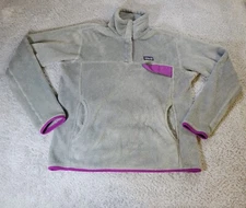 Patagonia Snap Tee Sweater Womens Medium Gray Purple Trim Pockets Polartec