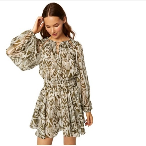 Abito Misa Los Angeles Mercy Stampa Ikat Verde Avorio XS $390 NUOVO Fairy Sheer Boho - Foto 2 di 16