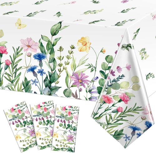 3 Pieces Summer Floral Table Cover Watercolor Wild Flowers Tablecloth Plastic Fl
