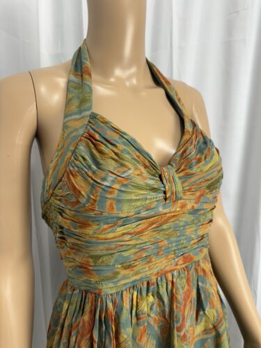 Vintage Adrianna Papell 100 % Seide Neckholder Kleid grün orange Boho Midi Gr. 4 gebraucht, in einwandfreiem Zustand - Bild 4 von 17