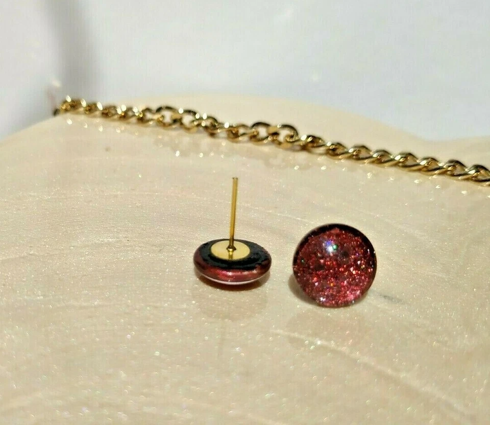 Ohrstecker Cabochon Rot Kupfer Glas Handgemacht Ohrringe Nickelfrei Glitzer 86 - Bild 3 von 4