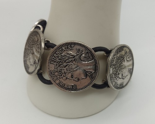 Faux Coin Bracelet "Republique Francais" On Leather Cord Large 22cm - Picture 1 of 6