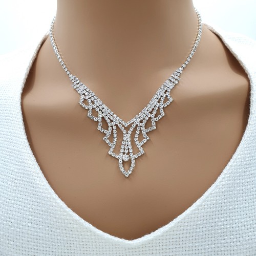 Silver Crystal Bridal Wedding Party Favour Jewellery Set Choker Necklace Earring - Picture 1 of 7