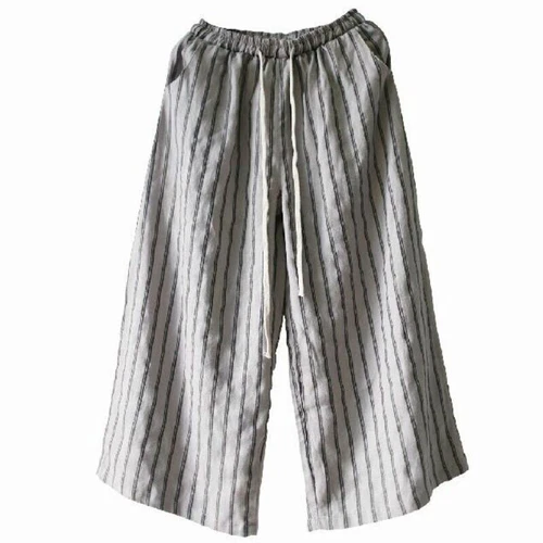 Women Cotton Linen Stripe Loose Wide Leg Trousers Drawstring Elastic Waist Pants - Bild 9 von 13