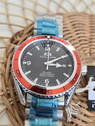 Paulareis Automatic Watch 45 mm w SS Bracelet Orange Bezel Black Dial Date - Picture 3 of 9