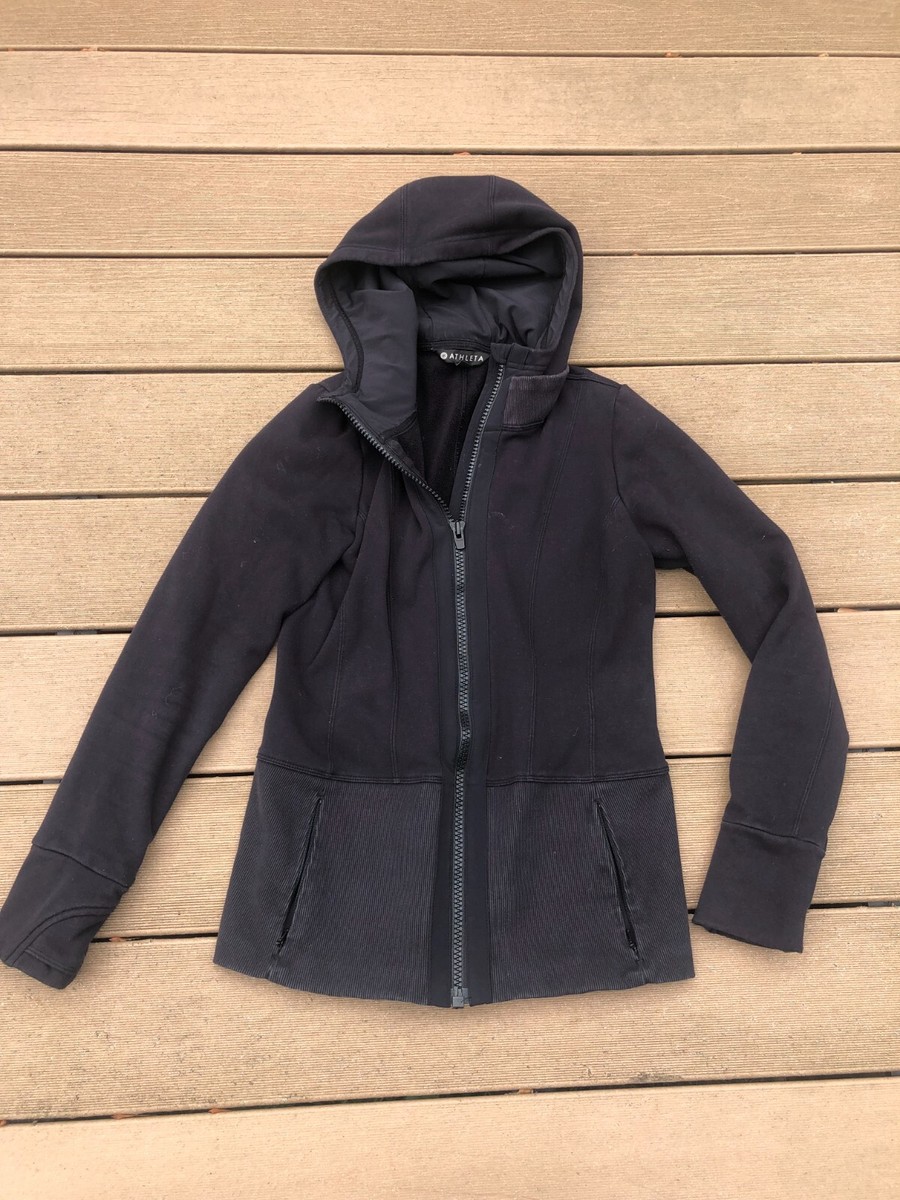 ATHLETA Black Poly Cotton Zip Front Fitted Workout Hoodie Jacket