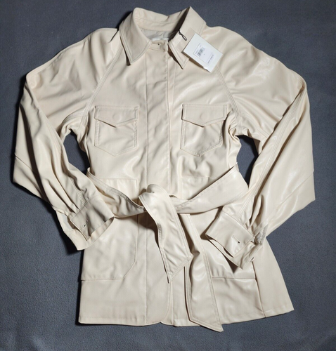 7 For All Mankind Jacket Womens Small Cream Faux Leather Blazer Belted NWT