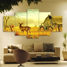 Deer On Farm In Forest With Tractor Painting 5 Piece Canvas Wall Art
