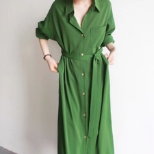 Women Green Metal Buckle Long Sleeve Shirt Over Knee Dress Single Breasted Retro