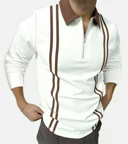 Polo Shirt Men Zipper Collar Fashion Long Sleeve 2 Tone Sport Golf Zip Tee Dress - Picture 7 of 32