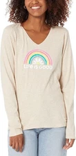 LIFE IS GOOD Rainbow Logo Tee XL Oatmeal Beige VNeck Raglan Sleeve 100% Cotton