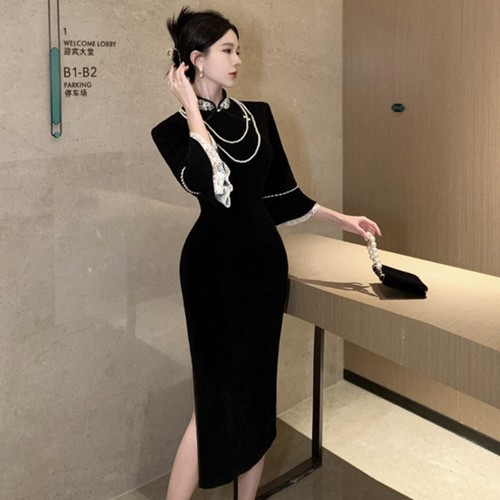 Abito donna nero velluto Cheongsam perline pizzo orlo svasato manica cinese Qipao - Foto 13 di 13