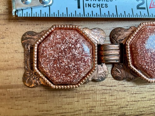 Vtg Copper tone Metal Goldstone Glitter Sparkle Lucite 5 Panel Bracelet 7 1/4" - Picture 5 of 24