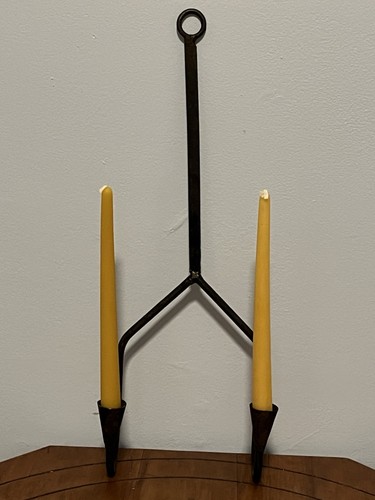 Primitive Style Hand Wrought Forged Iron Two Arm Candle Sconce