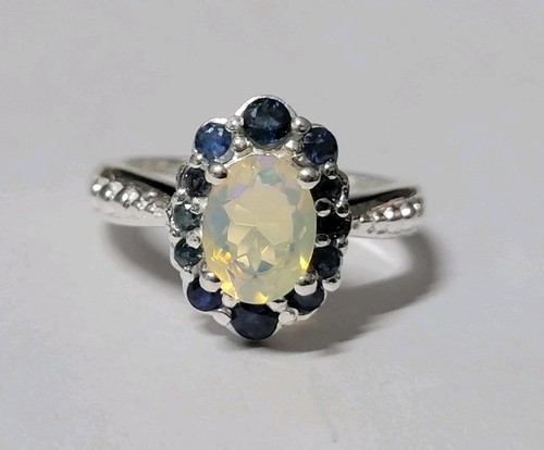 Natürlicher Regenbogen Opal & blauer Saphir 925 Sterlingsilber Ringgröße 7 1045