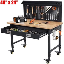 48"x24" Adjustable Height Workbench, Rubberwood Top w/ Pegboard & Drawer 2000LB