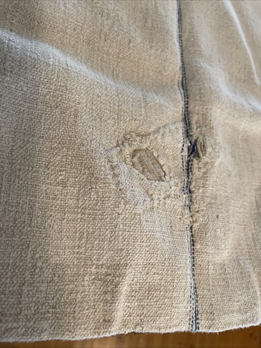 Antique Repaired French Grain Sack Sewn Bag Beautiful 19 X 16 Indigo Stripes - Picture 9 of 16
