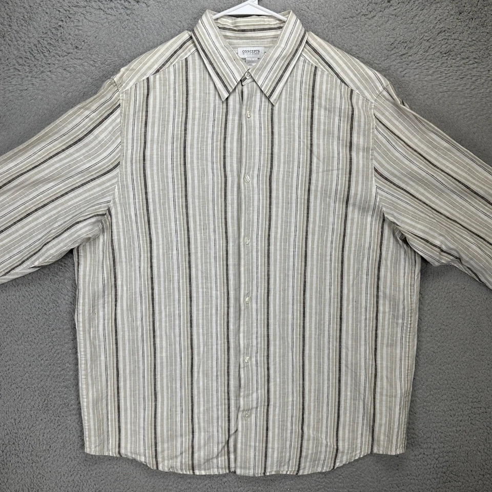 Camisa Concept Claiborne Para Hombres Mezcla de Lino 2XLT Alta Gris Tostado Rayas Abotonada Foto 2 de 4