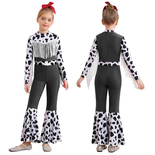 Kids Jumpsuit Themed Party Bodysuit Disco Costume Cow Print Fringe Flared Doll - Picture 16 of 51