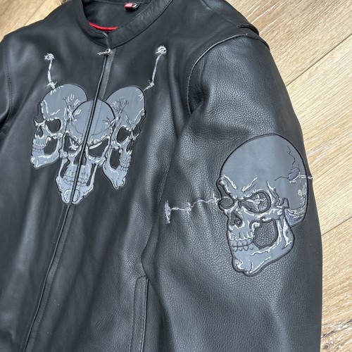 First Racing Skulls & Barbwire Men's Black Motorcycle Leather Jacket Sz 5X - Bild 6 von 14