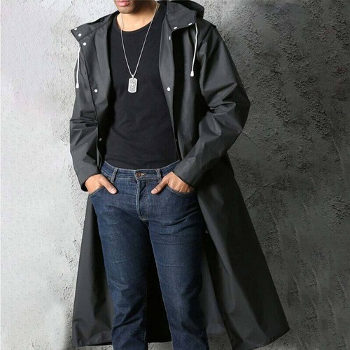 Long Raincoat Rain Coat Black Hooded Trench Jacket OutdoorHiking Mens Waterproof - Picture 10 of 16
