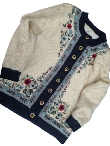 Vintage Mohair Knit Grandma Jumper 12 M Floral Embroidered Wool Cardigan Boho - Picture 4 of 23