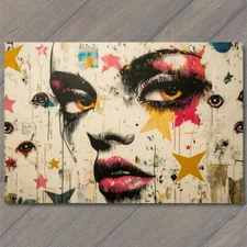 Art Print Woman Feminine Graffiti Blue Eyes Pink Lips Yellow Star Urban Abstract