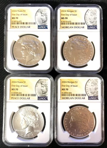 3 Pair 2023 First Day Issue NGC MS70 Peace Dollars & NGC MS70 Morgan 1Pr Damaged