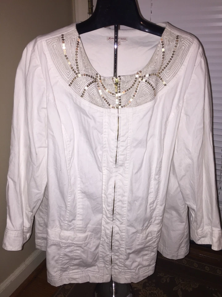 Chaqueta JM Collection Mujer Plus Lentejuelas Oro Blanco Cremallera Talla 22W 22 W Foto 4 de 4