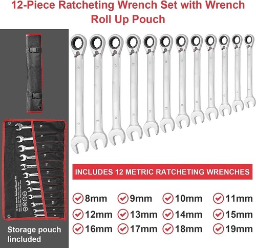 12pcs 8-19mm Ratcheting Wrench Combination Metric Fix-Head 72-Teeth CR-V Steel - Bild 8 von 8
