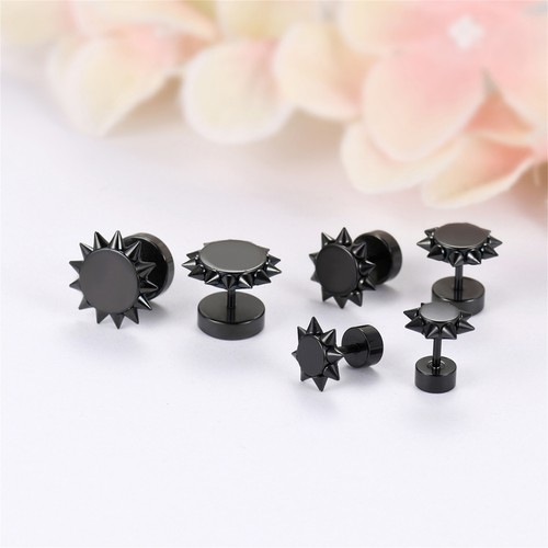 Punk Men Women Stainless Steel Fake Plugs Spike Dumbbell Stud Earrings 6mm-10mm - Picture 7 of 21