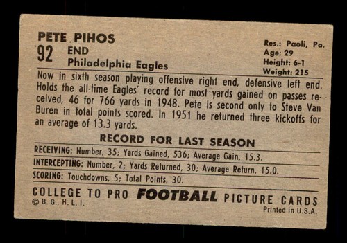 Bowman Large #92 1952 Pete Pihos EX-MT - Imagen 2 de 2