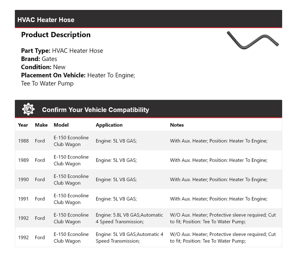 For 1988-1992 Ford E-150 Econoline Club Wagon HVAC Heater Hose Gates 1989 1990 - Image 2 of 4