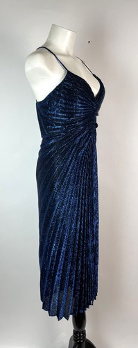 Vintage 1980s Metallic Lame Blue Studio 54 Gathered Pleated Bombshell Dress 34 - Picture 5 of 9