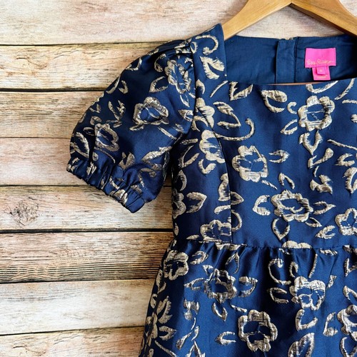 Lilly Pulitzer Mini Kasslyn Navy Floral Brocade Puff Sleeve Holiday Dress Size 6 - Picture 2 of 9