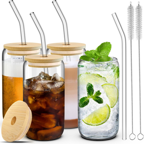 4 Set Glass Cups with Lids, Straws, & Brushes - 16 oz Drink Glasses Tumbler - Picture 2 of 8