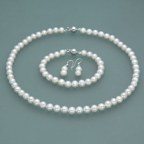 7-8mm/8-9mm Real Natural Freshwater Pearl Necklace Bracelet Earrings Set - Picture 7 of 17