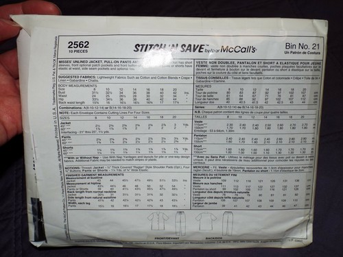 New UNCUT McCall's Easy "Stitch 'N Save" 2562 Misses' Jacket Pants Shorts 14-20 - Picture 3 of 5