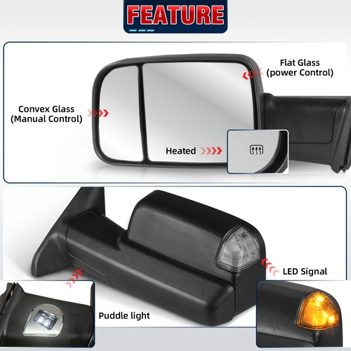 Pair Power Heated Tow Mirrors For 2009-2012 Dodge Ram 1500 2010-2012 2500 / 3500 - Picture 3 of 17