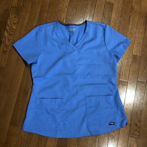 NICE Scrub Top Size L GREY'S ANATOMY Blue Short Sleeve Front Pockets Pullover - Picture 1 of 7