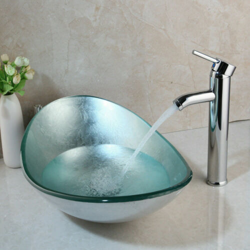 Silver Oval Bathroom Glass Wash Basin Vessel Sink Mixer Vanity Tap Drain Set - Bathroom Glass Wash Basin