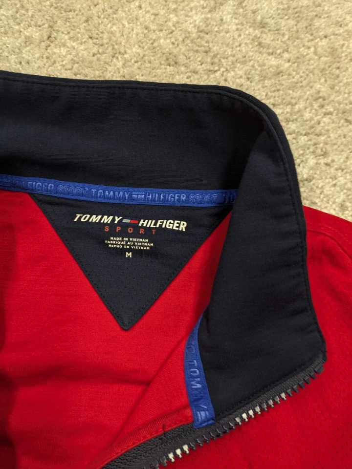 Tommy Hilfiger Pullover Men Medium 1/4 Quarter Zip Red Cotton Blend Jacket Sport - Image 4 of 4