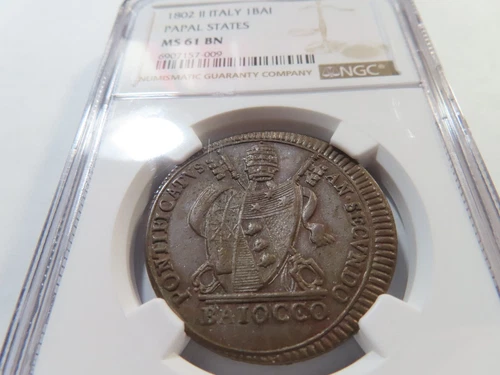 J70 Italy Papal States 1802 Baiocco NGC MS-61 Brown