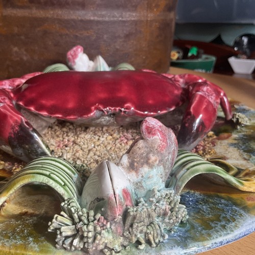PALISSY STYLE MAJOLIKA TROMPE - L’OLEIL KRABBENTELLER 30cm, SCHÖNER ZUSTAND, HELL. - Bild 9 von 24