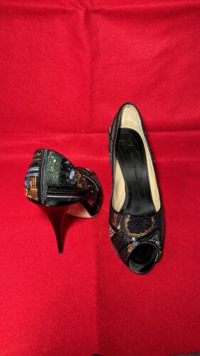 Giuseppe Zanotti Nero con Paillettes Multicolore Stiletto Peep Toe Hidden Platform 41 - Foto 2 di 19