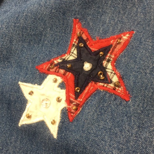 Y2K NEW DIRECTION Jeanshemd Damen M blau rot Sterne Streifen patriotische Steppung - Bild 6 von 17