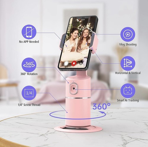 (Pink) Tripod Auto Face Tracking Phone Holder+Remote No App Req 360 Rotation - Photo 5 sur 11